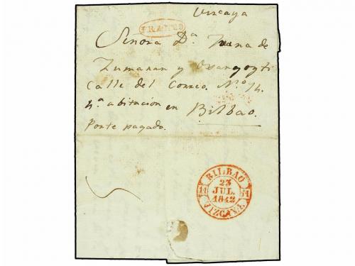 ✉ ESPAÑA: PREFILATELIA. 1842. PLASENCIA a BILBAO. Marca manu
