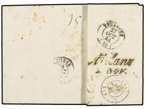 ¿ ESPAÑA: PREFILATELIA. 1844. SEVILLA a MILÁN. Fechador SANL