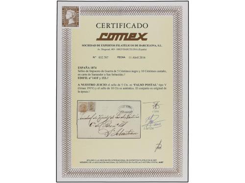 ✉ ESPAÑA. Ed. 141 F, 153. 1874. SANTANDER a SAN SEBASTIÁN. 5