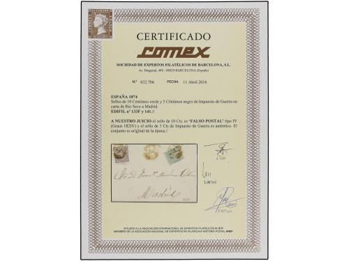 ✉ ESPAÑA. Ed. 133 F. 1874. RÍO SECO a MADRID. 10 cts. verde 