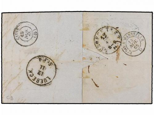 ✉ DINAMARCA. 1865. COPENHAGEN to FRANCE via Luebeck with TT3