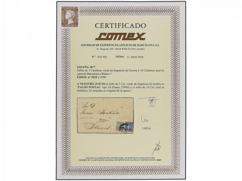 ✉ ESPAÑA. Ed. 183F, 175. 1877. BARCELONA a BLANES. 5 cts. ve