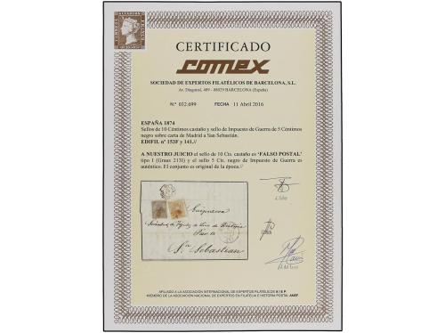 ✉ ESPAÑA. Ed. 153F. 1874. MADRID a SAN SEBASTIAN. 10 cts. ca