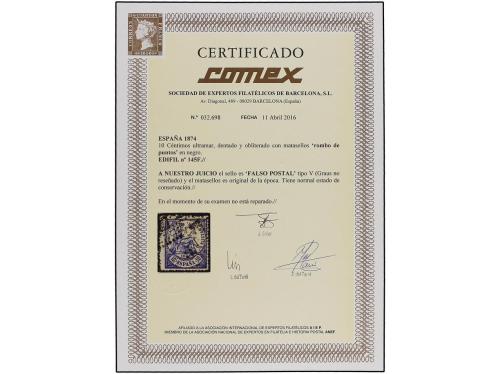 ° ESPAÑA. Ed. 145F. 10 cent. azul, FALSO POSTAL, tipo V. EXT