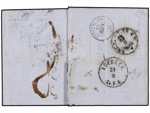 ✉ DINAMARCA. 1865. COPENHAGEN to FRANCE vía Luebeck with TT3