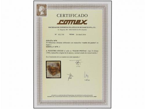 ° ESPAÑA. Ed. 107F. 50 mils. azul. FALSO POSTAL tipo II. Mat