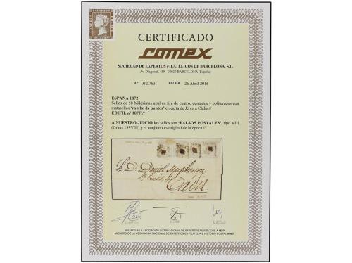 ✉ ESPAÑA. Ed. 107F. 1872. JEREZ a CÁDIZ. 50 mils. azul. FALS