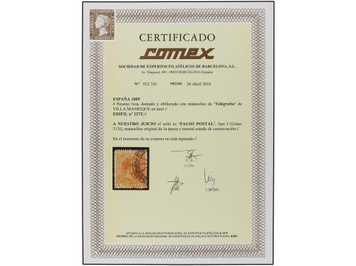 ° ESPAÑA. Ed. 227F. 4 pts. rosa. FALSO POSTAL tipo I. Mat. d