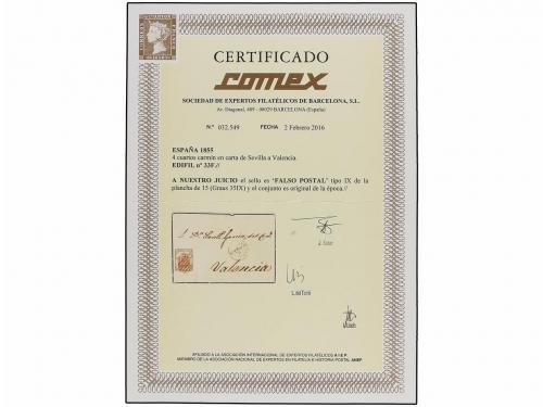 ✉ ESPAÑA. Ed. 33F. 1855 (20 Marzo). SEVILLA a VALENCIA. 4 cu