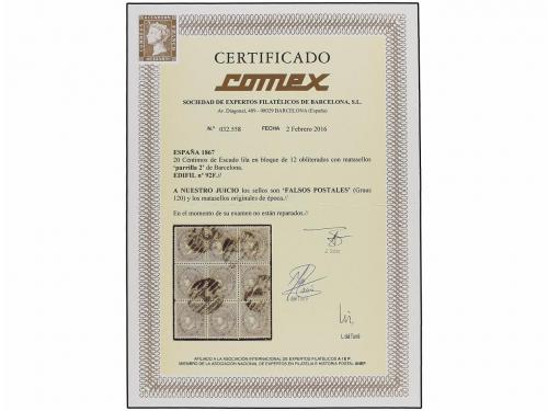 ° ESPAÑA. Ed. 92F. 20 cts. lila FALSO POSTAL. Bloque de 12. 