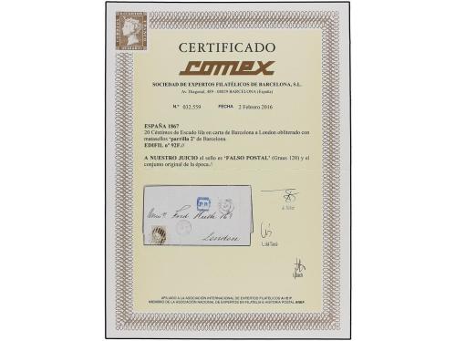 ✉ ESPAÑA. Ed. 92F. 1867. BARCELONA a LONDON. 20 cts. lila FA