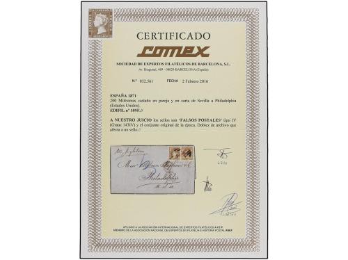 ✉ ESPAÑA. Ed. 109F (2). 1871. SEVILLA a PHILADELPHIA (U.S.A.