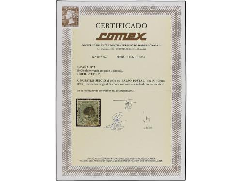 ° ESPAÑA. Ed. 133F. 10 cent. verde FALSO POSTAL tipo X. Extr