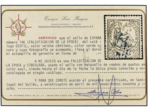 ° ESPAÑA. Ed. 146F. 20 cts. verde, FALSO POSTAL. Excepcional