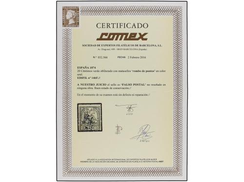 ° ESPAÑA. Ed. 146F. 20 cts. verde, FALSO POSTAL. Excepcional