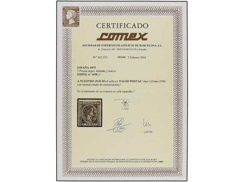 (*) ESPAÑA. Ed. 169F. 1 pta. negro, FALSO POSTAL, tipo I. EX