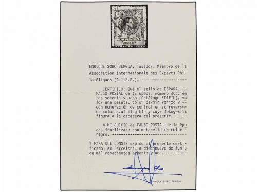 ° ESPAÑA. Ed. 278F. 1 pta. carmín. FALSO POSTAL. EXTRAORDINA