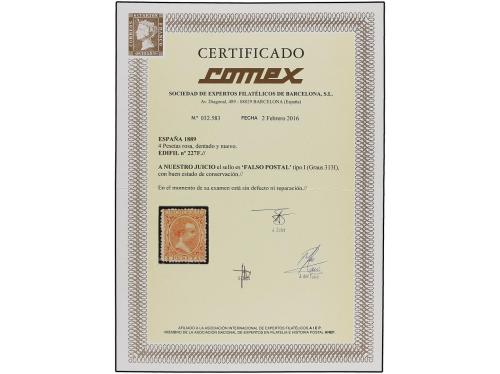 * ESPAÑA. Ed. 227F. 4 pts. rosa, FALSO POSTAL, tipo I. Extra