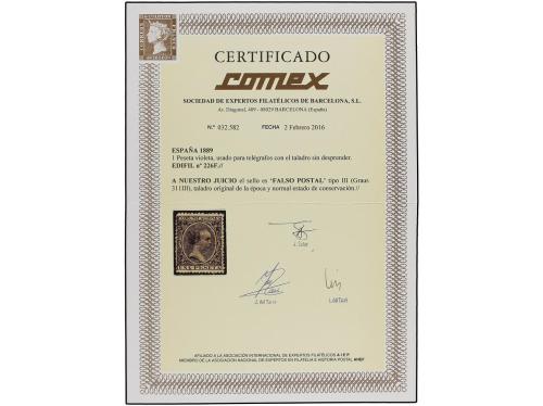 ° ESPAÑA. Ed. 226F. 1 peseta violeta, FALSO POSTAL, tipo III