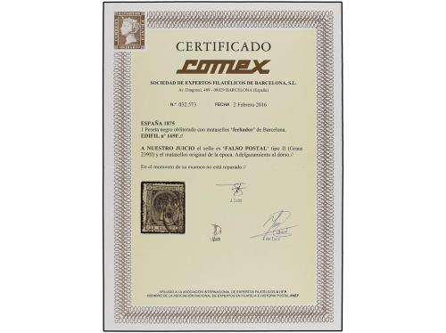 ° ESPAÑA. Ed. 169F. 1 pta. negro, FALSO POSTAL, tipo II, mat