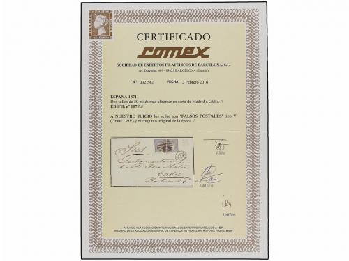 ✉ ESPAÑA. Ed. 107F (2). 1871. MADRID a CÁDIZ. 50 mils. azul 