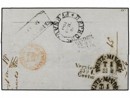 ✉ LETONIA. 1852. Cover from BARCELONA to PERNAU via France, 