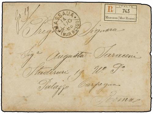 ✉ ERITREA. 1889. 10 c. carmine rose, seven examples used on 