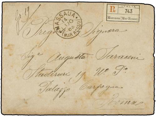 ✉ ERITREA. 1889. 10 c. carmine rose, seven examples used on 