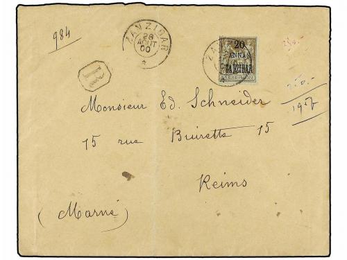 ✉ ZANZIBAR. Ce. 30. 1900 (Aug 28). Registered cover to REIMS