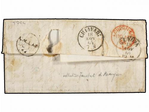 ¿ PERU. 1864. CALLAO a GENOVA. 1 dinero rosa, manuscrito "Va