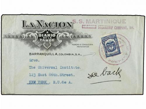 ✉ COLOMBIA. (1930 CA.). BARRANQUILLA a U.S.A. 3 ctvos. azul,