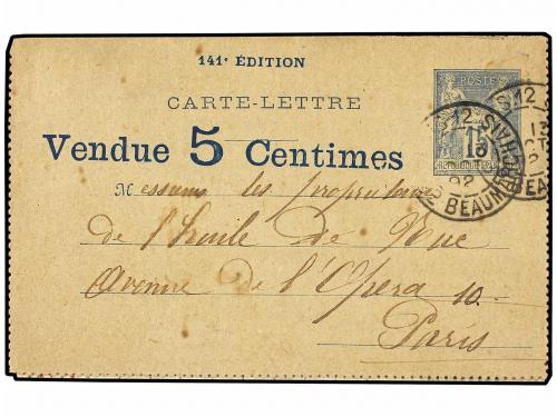 ✉ FRANCIA. 1892. PARIS. Entero Postal de 15 cts. azul (vendi