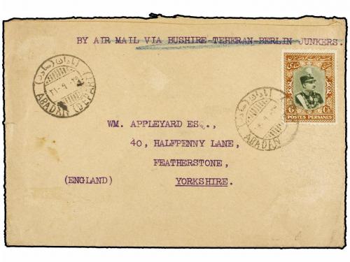 ✉ IRAN. 1928. ABADAN to GREAT BRITAIN. AIR MAIL colourfull f