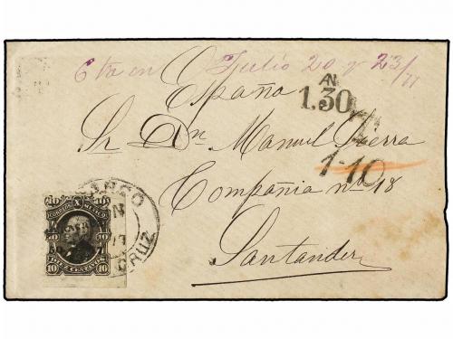 ✉ MEXICO. Sc. 107. 1877. VERACRUZ a ESPAÑA. 10 ctvos. negro.