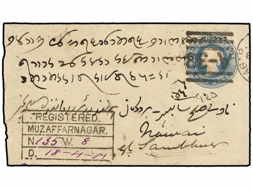 ✉ INDIA. 1890. MUZAFFARNAGAR to NAWAI. 1/2 anna envelope upr