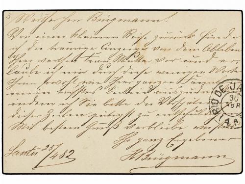 ✉ BRASIL. 1882. SANTOS a BRUSELAS. Entero Postal de 80 reis 