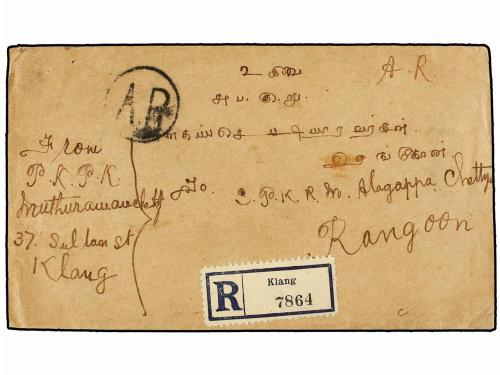 ✉ MALAYA. 1925. KLANG to RANGOON (Burma) franked on reverse 