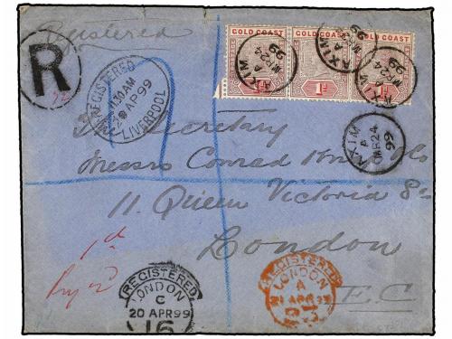 COSTA DE ORO. 1899. AXIM to LONDON. 1 d. (3), AXIM cds, arri