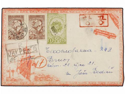 ✉ COREA DEL NORTE. Mi. 52B (2), 26, 93B (2). 1957. Cover sen