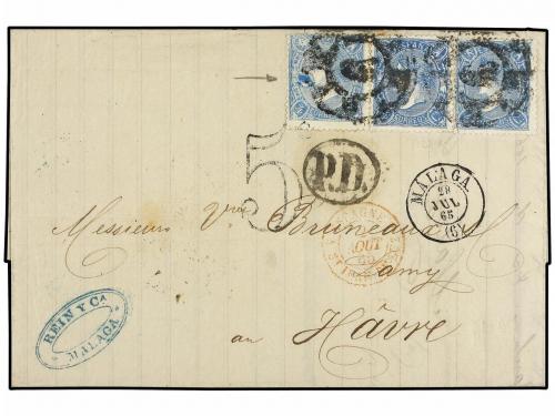 ✉ ESPAÑA. Ed. 75 (3). 1865. MALAGA a FRANCIA. 4 cuartos azul