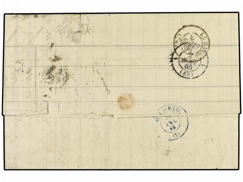 ✉ ESPAÑA. Ed. 75 (3). 1865. MALAGA a FRANCIA. 4 cuartos azul