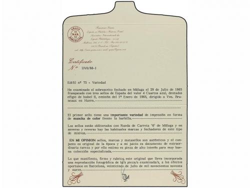 ✉ ESPAÑA. Ed. 75 (3). 1865. MALAGA a FRANCIA. 4 cuartos azul
