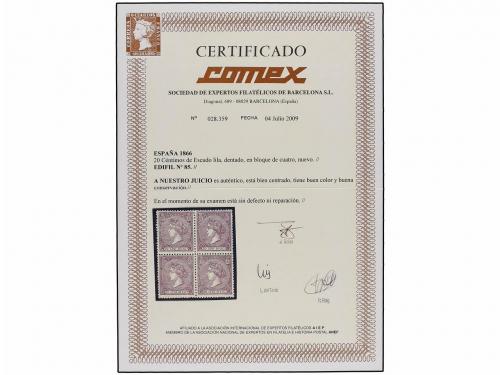 ** ESPAÑA. Ed. 85. 20 cts. lila. Bloque de cuatro, color y c