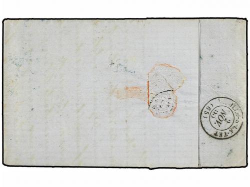 ✉ ESPAÑA. Ed. 75 (3). 1865. AGULLANA a FRANCIA. 4 cuartos az