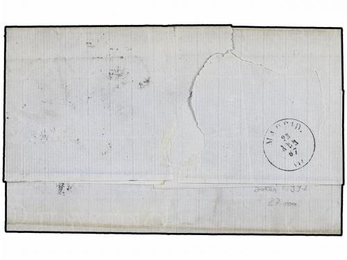 ✉ ESPAÑA. Ed. 92 (3). 1867. JEREZ a LONDRES. 20 cts. lila, t