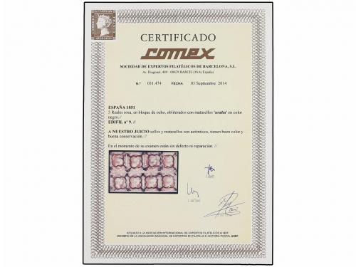 ° ESPAÑA. Ed. 9. 5 reales rosa carmín. Bloque de ocho con ma