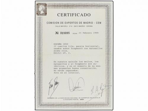 Δ ESPAÑA. Ed. 2. 1850. 12 cuartos lila gris, pareja mat. ARA