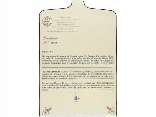 Δ ESPAÑA. Ed. 2. 1850. 12 cuartos lila gris, pareja mat. ARA