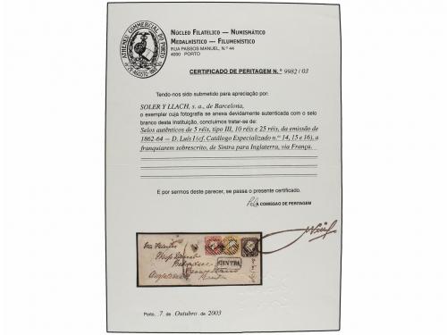 ✉ PORTUGAL. Ed. 14, 15, 16. 1865. CINTRA a GRAN BRETAÑA. 5 r