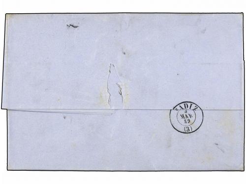 ✉ CUBA. 1859. SANTIAGO a CÁDIZ. 1/2 real azul tira de tres. 